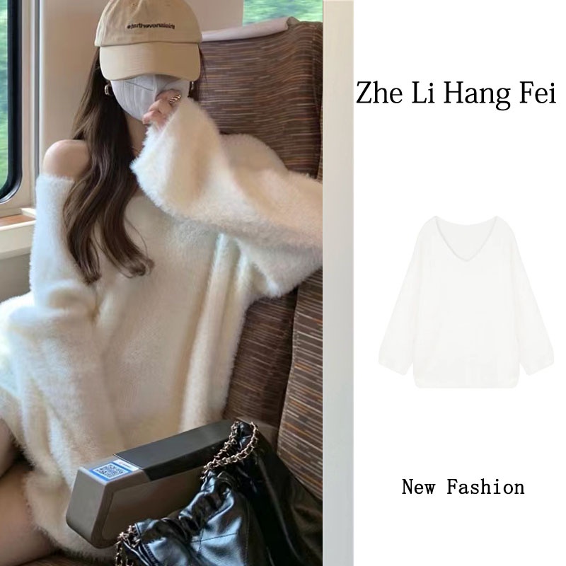 ZHELIHANGFEI Áo Khoác Len Lông Chồn Cổ Chữ V Dáng Rộng Thời Trang Mới Cho Nữ