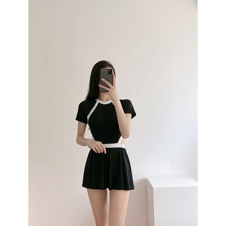 Đồ bơi nữ kín đáo tay ngắn dạng váy, Bikini đi biển 2 mảnh áo tắm có tay váy xòe, đồ bơi học sinh Hàn Quốc cao cấp