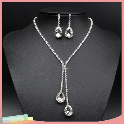 Vòng cổ và khuyên tai hình giọt nước đính đá sang trọng