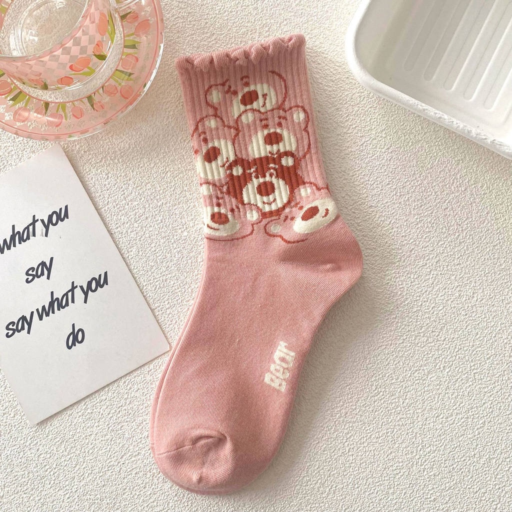Vớ Thu Đông Màu Hồng In Hình Gấu Dễ Thương Phong Cách Hàn Quốc Cho Nữ