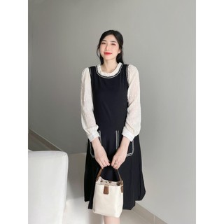 EVERMOM | Đầm đen phối tay dài ren bèo cổ