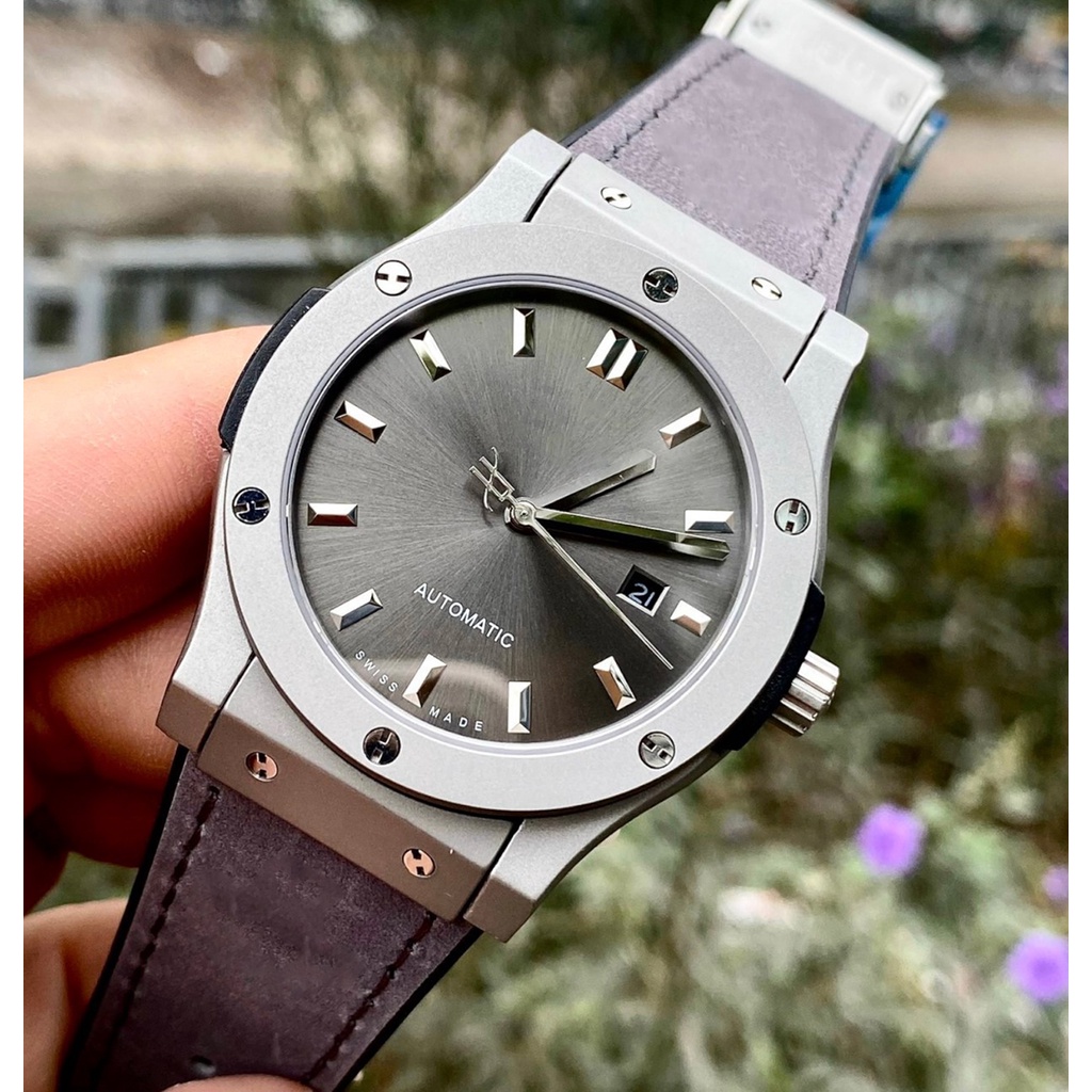 Đồng hồ nam H002 máy cơ Automatic mặt Xám dây da lộn viền trơn chống cước 3ATM