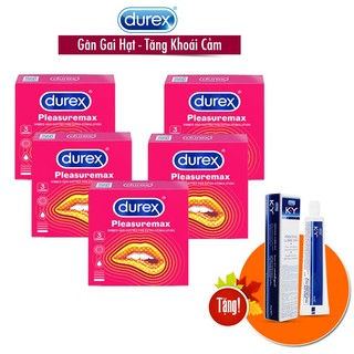 [Combo 5 hộp] Bao cao su GÂN GAI Durex Pleasuremax +TẶNG 1 Gel KY | Bcs Có Gai Nổi & Các Gần Chạy Dọc Thân, Size 52mm.