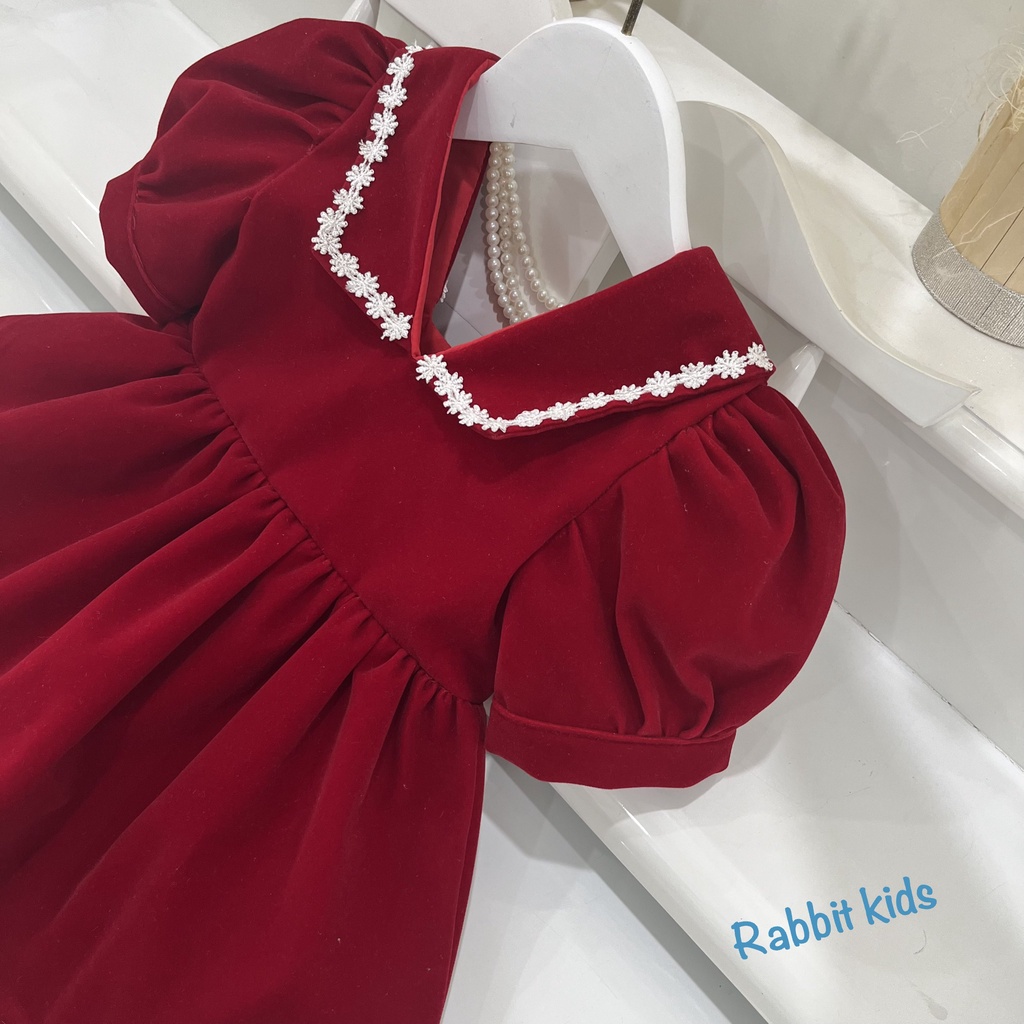 Váy Bé Gái Size Đại 8-40kg💝FREESHIP💝 Rabbit Kids-Đầm Nhung Đỏ Chuỗi Ngọc Trẻ Em 1,2,3,4,5,6,7,8,9,10 tuổi