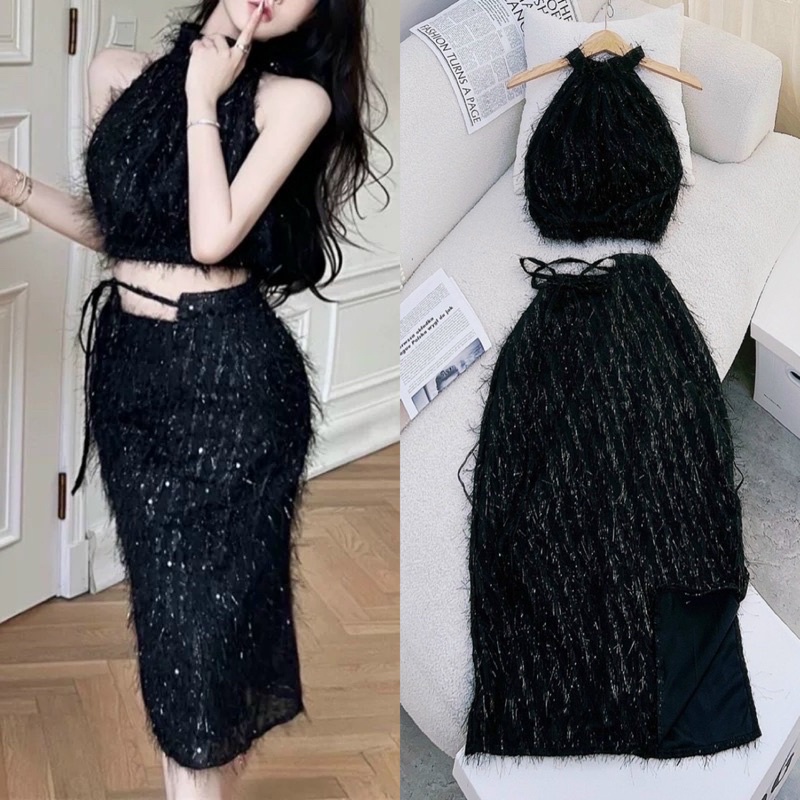 Set áo lông đen cổ yếm hở lưng + chân váy dài xẻ đùi, đầm nữ tiểu thư hotgirl thiết kế đi chơi dạo phố dự tiệc cưới bar