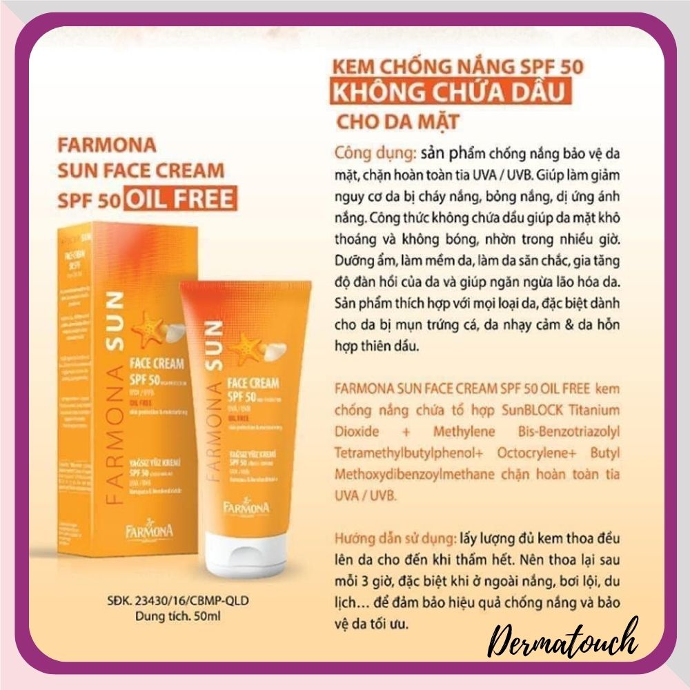 Kem chống nắng Farmona Sun Face Cream Oil Free SPF50 dành cho da dầu, hàng Cty, Nội địa - DMP chính hãng Derma Touch