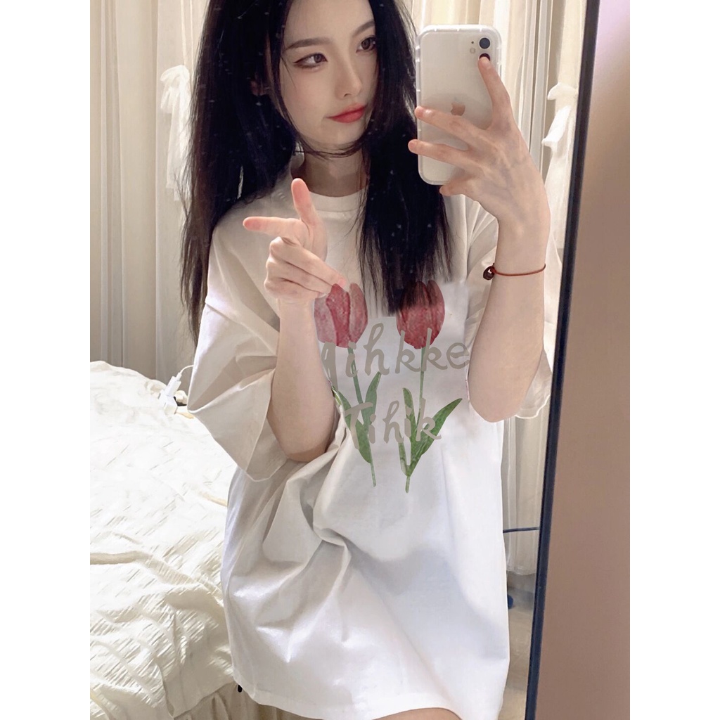 Áo Thun Tay Ngắn Dáng Rộng In Hình Hoa tulip Phong Cách Hàn Quốc