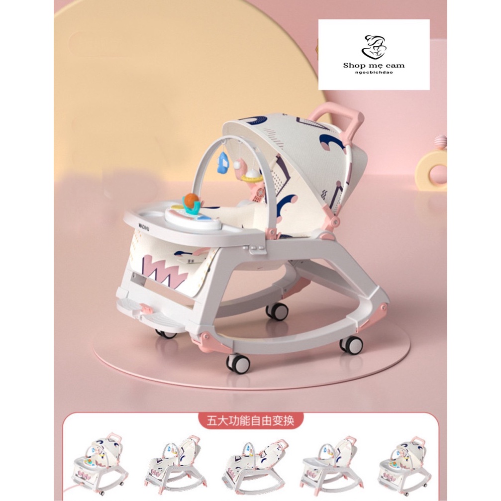 Ghế rung cao cấp cho bé bập bênh đa năng có bàn ăn dặm và bánh xe. Ghế ăn dặm