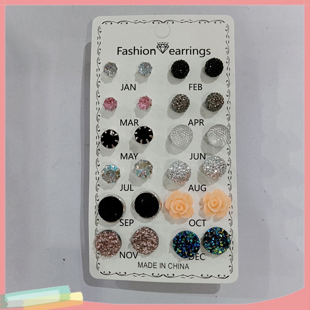 Set 12 Đôi Khuyên Tai Tròn Đính Đá Phong Cách Sang Trọng Thời Trang Cho Nữ