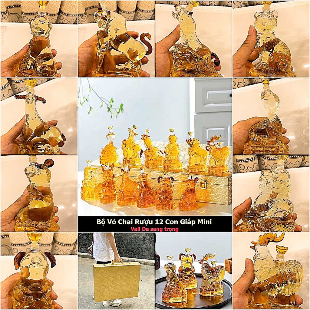 Chai Thủy Tinh Đựng Rượu 12 Con Giáp mẫu mới – vali da cao cấp có khóa số - Bộ Vỏ Chai 12 Con Giáp mini làm quà tặng