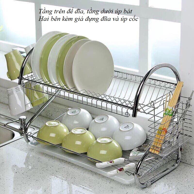 Kệ Úp Chén Bát INOX 2 Tầng Có Khay Hứng Nước Cao Cấp/Giá Đựng Bát Đĩa Có Ống Cắm Đũa,Giá Úp Cốc