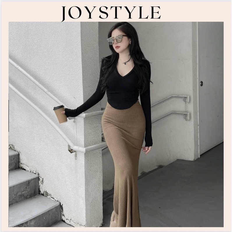 Set áo thun dài tay cổ tim kèm chân váy đuôi cá joystyle.vn ôm dáng body cực chuẩn