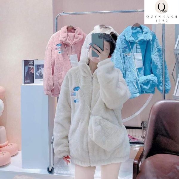 Áo khoác lông cừu, Set áo lông nữ kèm túi in logo mác xanh, Lông cừu mùa đông nữ dày dặn mẫu mới nhất 2022