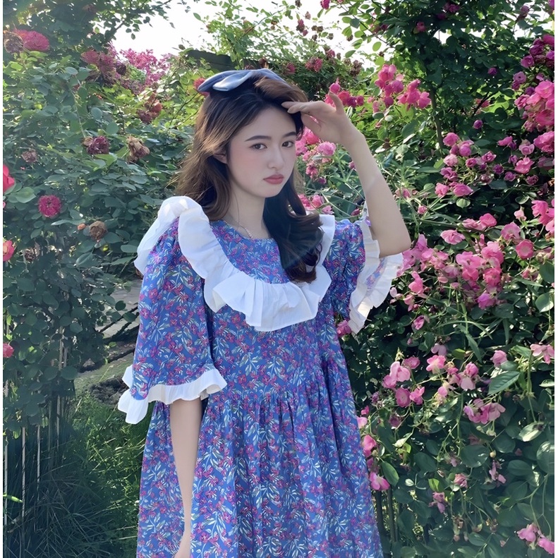 Váy Baby Doll Hoa Nhí Coban Xếp Bèo, Tiểu Thư Xinh Xắn