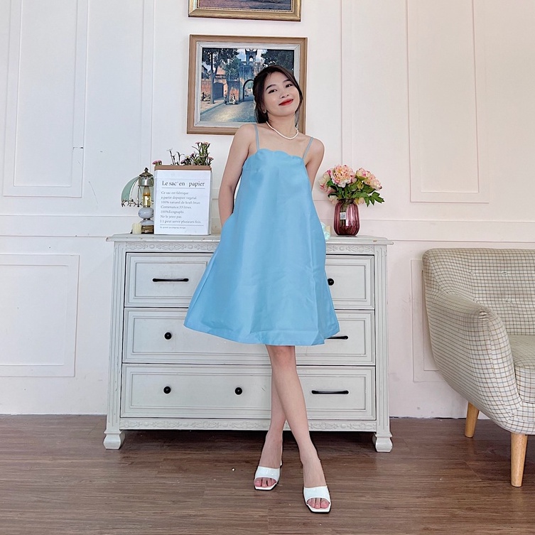 Đầm dự tiệc 2 dây răng cưa xinh xắn màu xanh ngọc Callene (CC298)