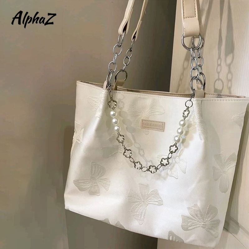 AlphaZ Túi Tote Đeo Vai Bằng Vải Bạt Thắt Nơ In Họa Tiết Thời Trang Sức Chứa Lớn