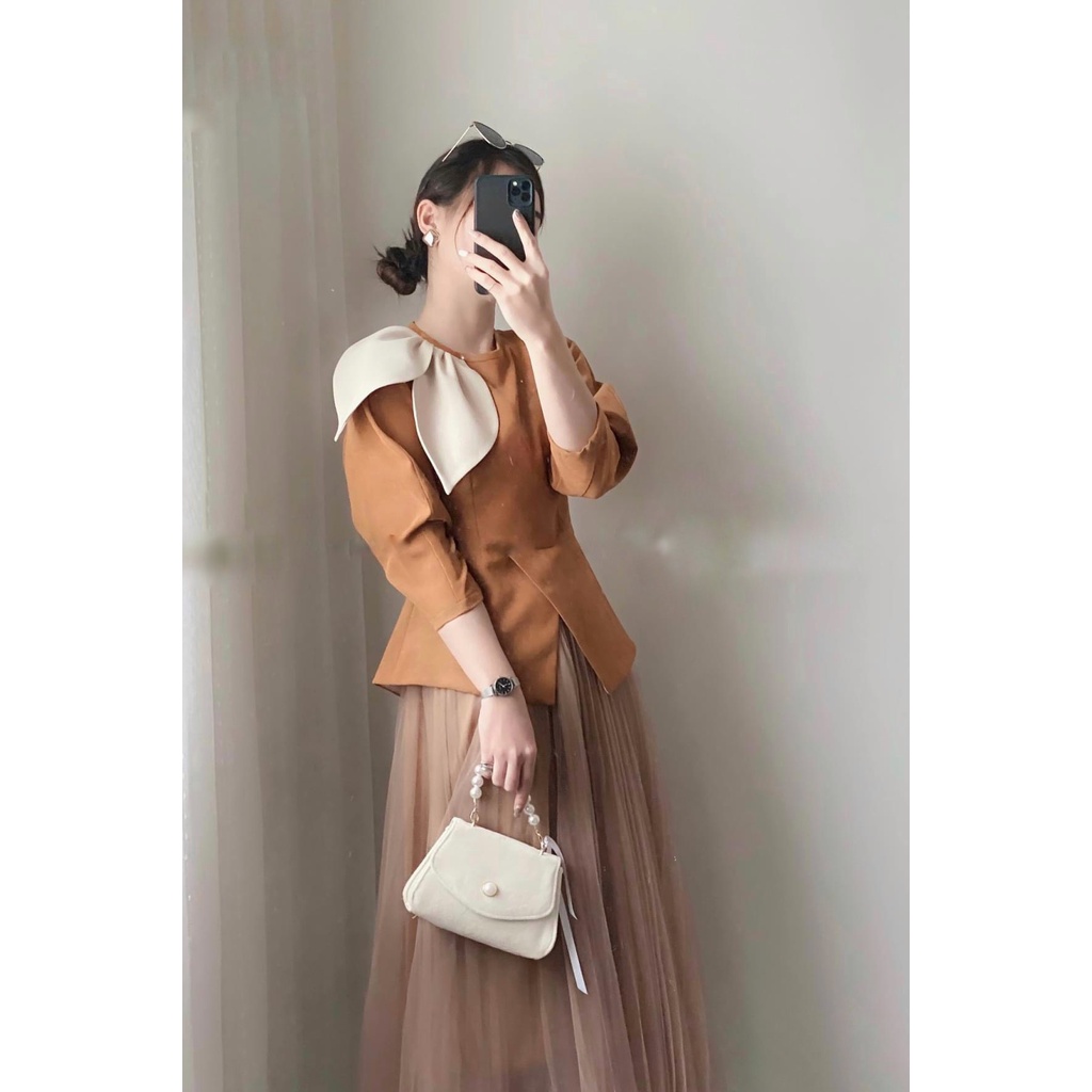Áo cổ lá nhọn dáng peplum dài tay chất nhung tăm may 2 lớp mặc thu đông 179