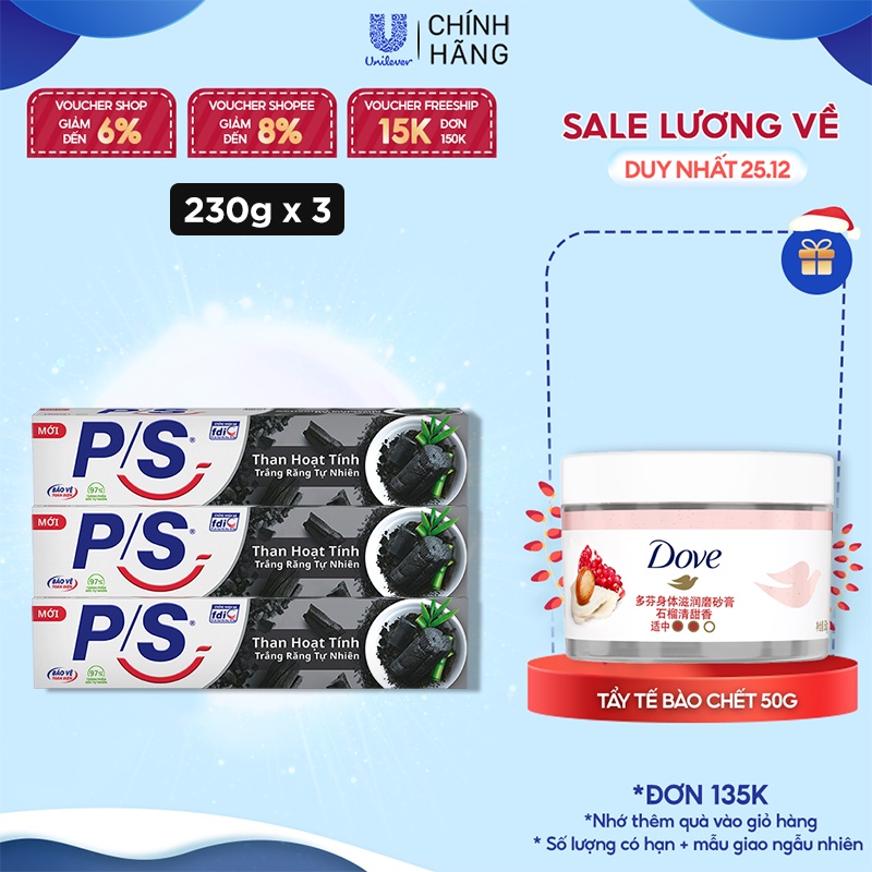 Bộ 3 Hộp Kem đánh răng P/S Thiên nhiên Than Hoạt Tính cho nụ cười trắng chuẩn tự nhiên 230g
