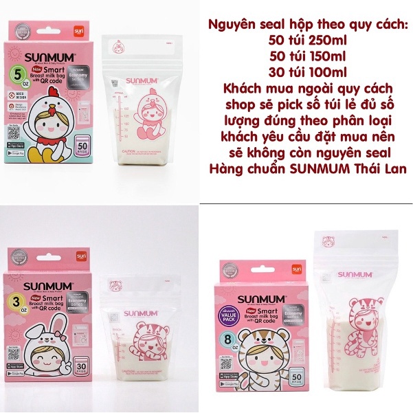 Mẫu mới Túi trữ sữa Sunmum 100ml - 150ml - 250ml Sản xuất tại Thái Lan