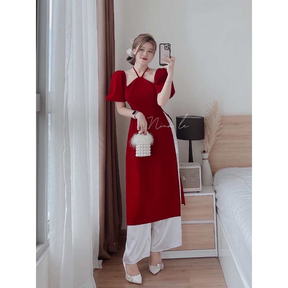Bộ áo dài đỏ phối quần trắng ,tay ngắn phồng vai cổ yếm xẻ tà thời trang nữ duyên dáng dịu dàng