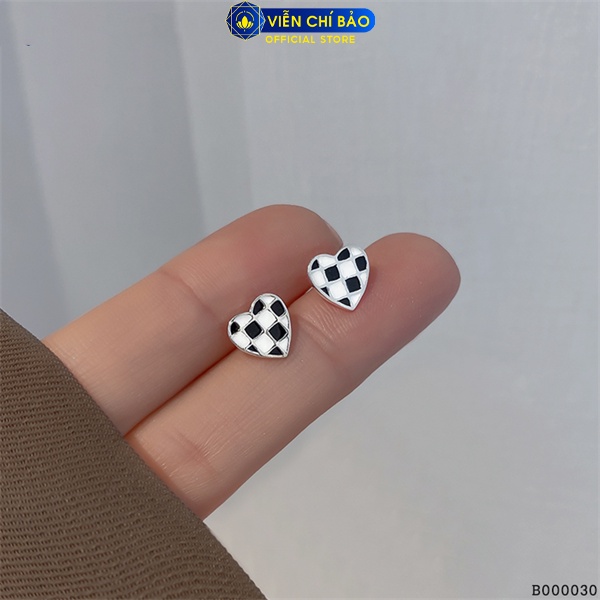 Bông tai họa tiết caro trái tim chất liệu bạc Thái 925 thời trang sức Viễn Chí Bảo B000030-T