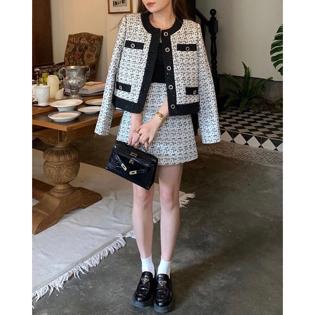 Set dạ kẻ viền nhung