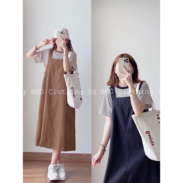 Set áo thun sọc + yếm thời trang, năng động dành cho nữ (Ảnh thật)