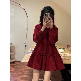 [Hàng sẵn] Đầm Babydoll Nhung Đỏ Nhún Bèo