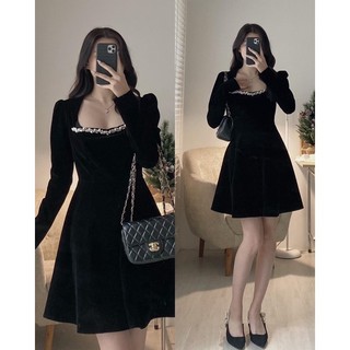 Váy- Đầm nhung cổ vuông đính đá dáng xoè