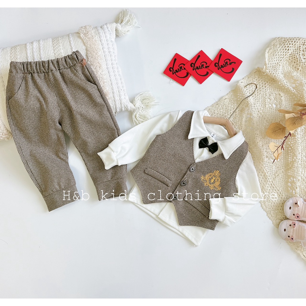 Bộ gile 3 chi tiết kèm nơ cho bé trai từ 7-18kg diện Lễ, Tết- Bộ gile bé trai- Bộ gile bé trai 8-18kg Kidbabyonline K169