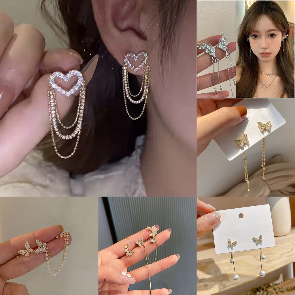 Đôi Bông Tai Dáng Dài Hình Trái Tim Đính Đá Thời Trang Cho Nữ