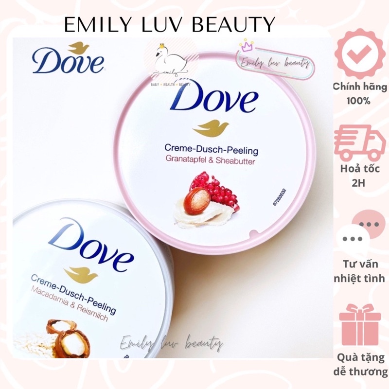 [Bản Đức] Tẩy da chết toàn thân DOVE Lựu / Macadamia 225ml