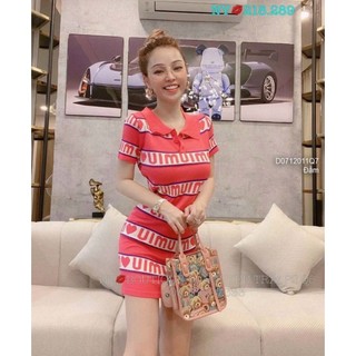 Đầm body len cổ bẻ tay con phối họa tiết sọc chữ hàng QC!