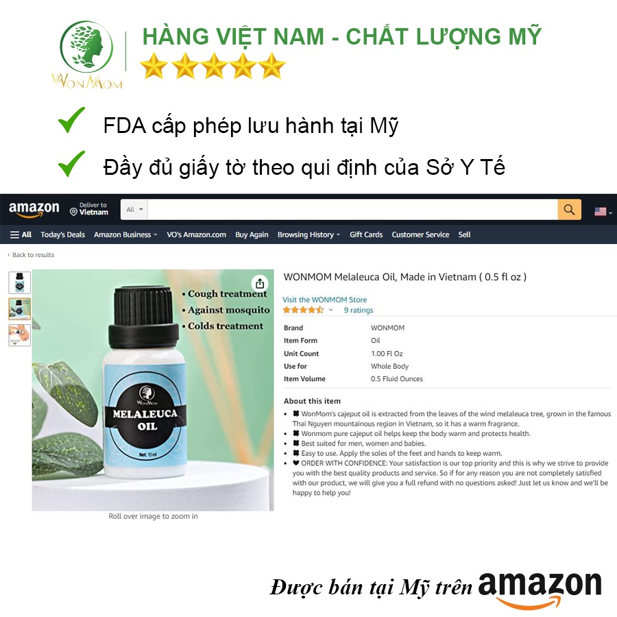 [ Giảm 35K - Đơn 339K ] Dầu tràm nguyên chất, ngăn ngừa ho, cảm cho bé và người lớn Wonmom 15ml