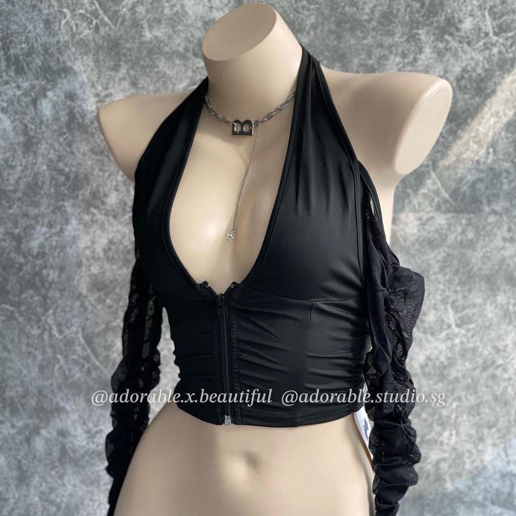 Áo Thun Tay Dài Phối Lưới Dây Kéo Cổ Tròng Đen Trơn Phong Cách Sexy Quyến Rũ