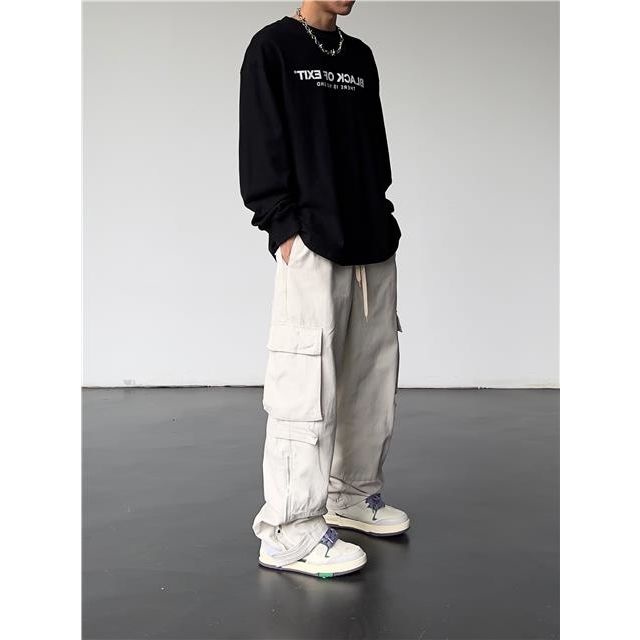 Quần Dài Ống Rộng Lưng Cao Nhiều Túi Phong Cách Retro Mỹ Cho Nam