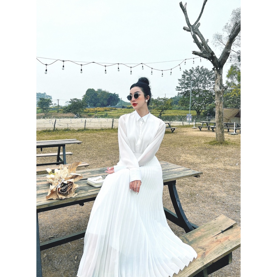 Set Áo Sơ Mi Phối Váy Xếp Ly Trắng Dáng Dài THUYNGOTHANH