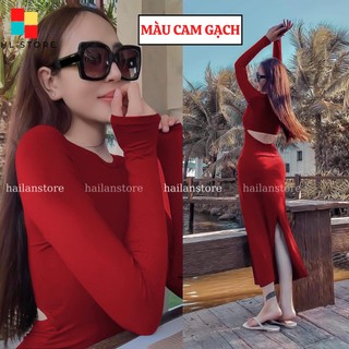 V75 Đầm body tay dài hở lưng Hải Lan Store xẻ tà chất nhũ 2 lớp