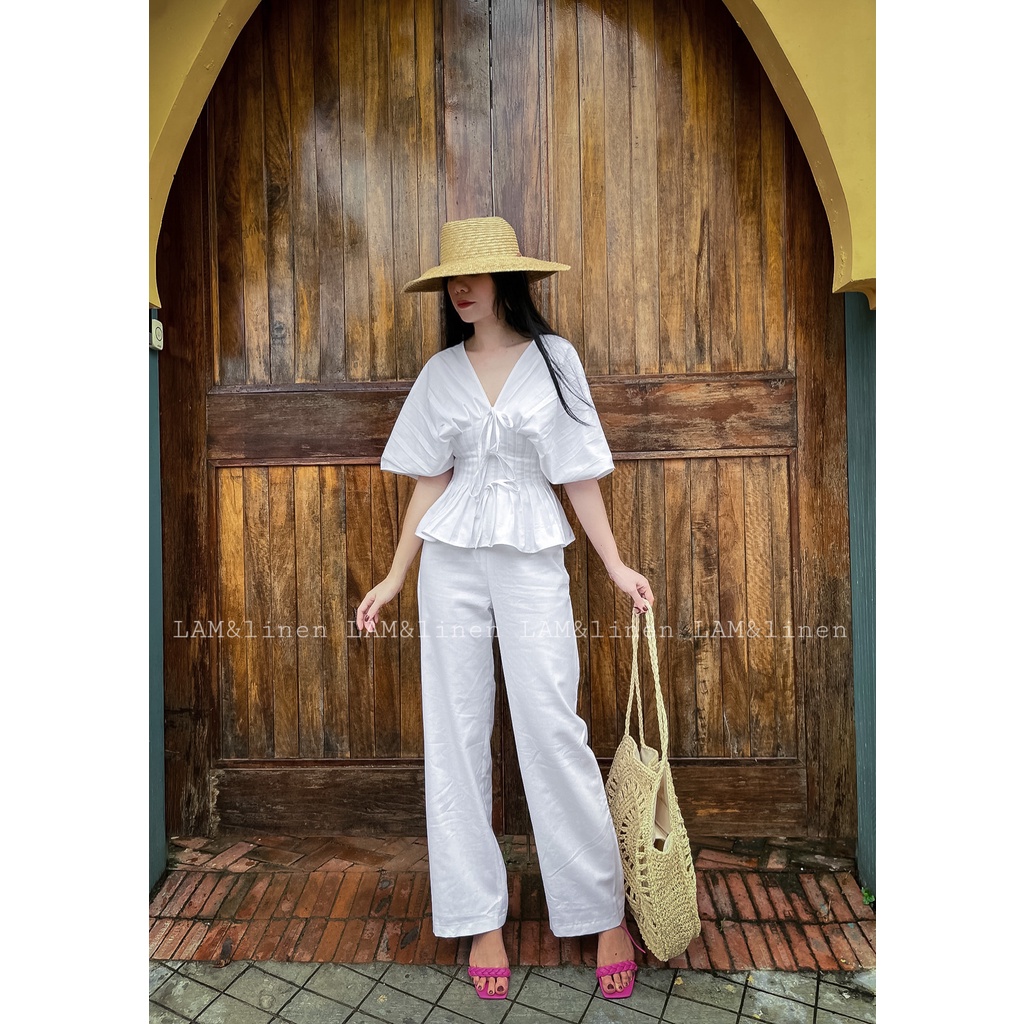 Áo kiểu nữ dáng peplum xếp ly eo Linen | BigBuy360 - bigbuy360.vn