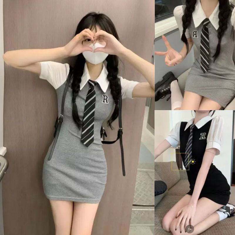 Đầm Ngắn Tay Giả Hai Lớp Thời Trang Mùa Hè Cho Nữ