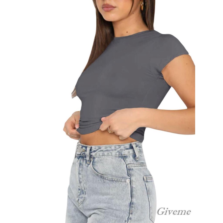 Áo Thun Tay Ngắn Cổ Tròn Màu Trơn Thời Trang Xuân Thu Cho Nữ