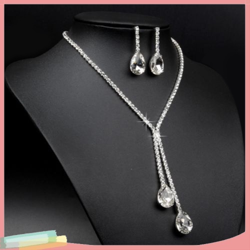 Vòng cổ và khuyên tai hình giọt nước đính đá sang trọng
