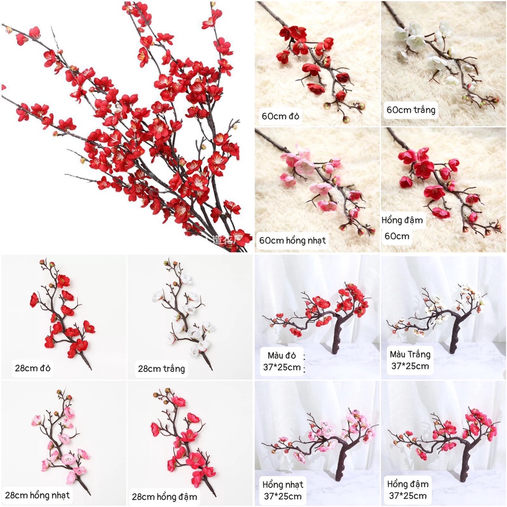 Cành Đào giả cành Mai giả dáng Bonsai hoa bằng vải lụa trang trí tết