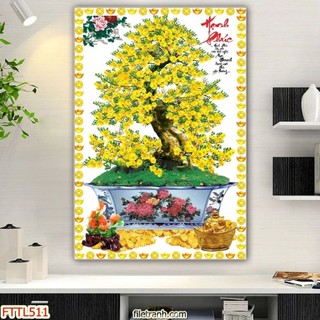 Tranh Treo Tường Chậu Bonsai Hoa Mai Vàng Thư Pháp - Tranh Laminate Tráng Gương