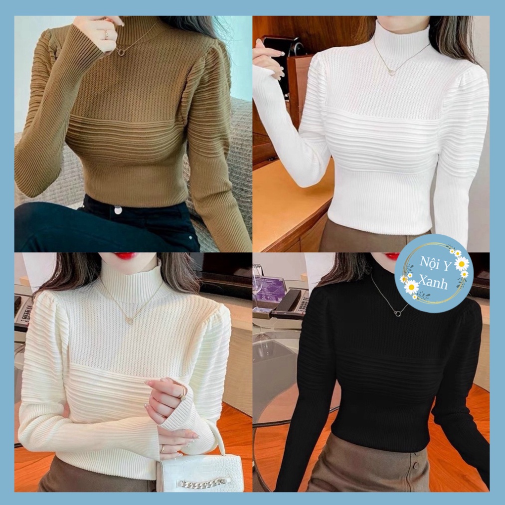 áo len nữ Nội Y Xanh cổ 3 phân tay bồng tay dài viền nổi hàng QCCC A63 hot trend thu đông ấm áp