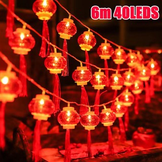 Đèn dây đèn lồng màu đỏ 6M 40 đèn LED chạy bằng pin Đèn dây cho lễ hội mùa xuân năm mới