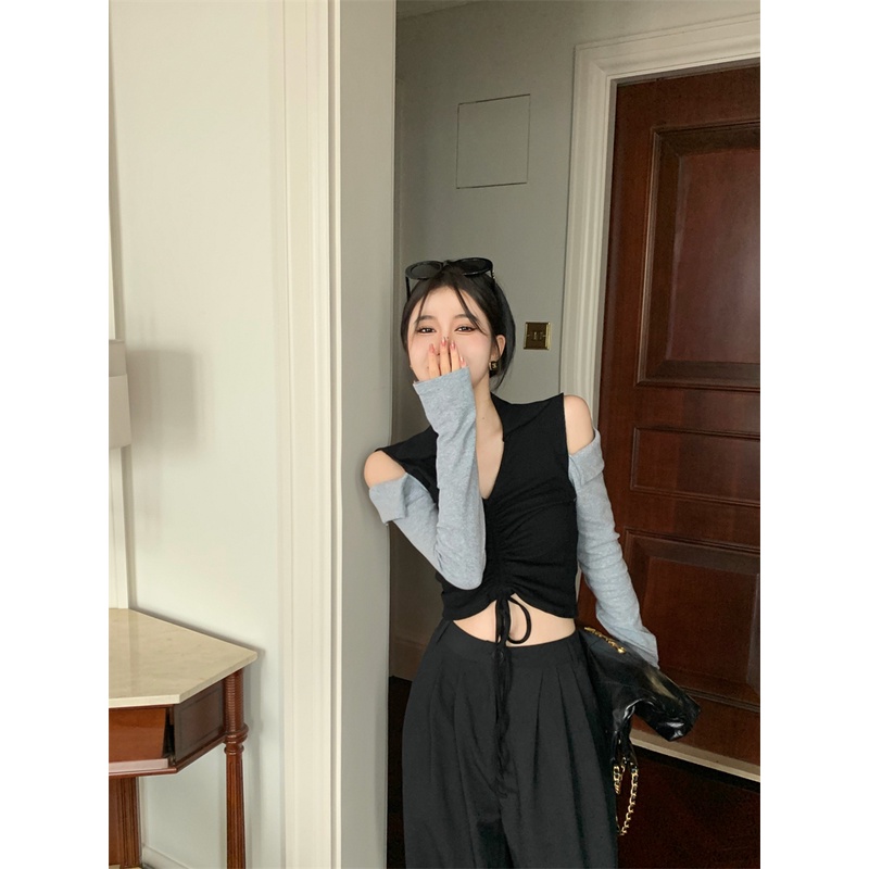 Áo kiểu ZHELIHANGFEI trễ vai tay dài phối dây rút phong cách retro