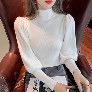 Áo Dệt Kim Tay Phồng Cổ Cao Thời Trang Thu Đông Phong Cách Hàn Quốc Cho Nữ