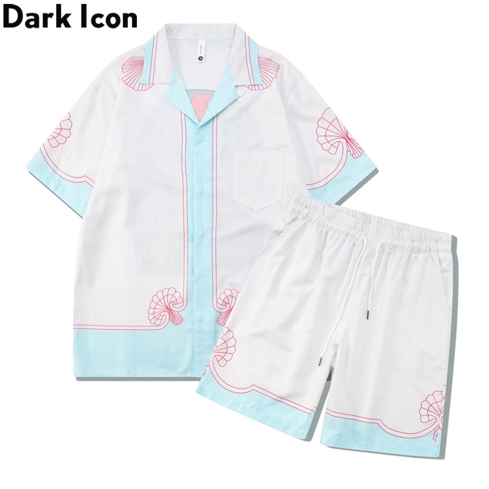 Bộ Áo Sơ Mi Mỏng Và Quần Short In Biểu Tượng Tối Màu Phong Cách Hawaii Thời Trang Đi Biển Mùa Hè Cho Nam