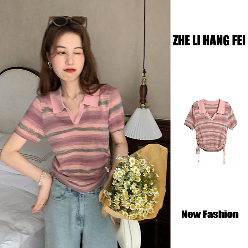 【ZHELIHANGFEI】Áo Thun POLO Tay Ngắn Cổ POLO Họa Tiết Kẻ Sọc Phối Dây Rút Thời Trang Trẻ Trung